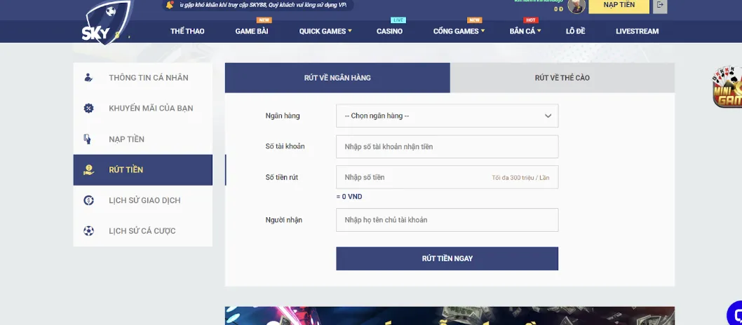 Hướng dẫn rút tiền Sky88 qua ngân hàng