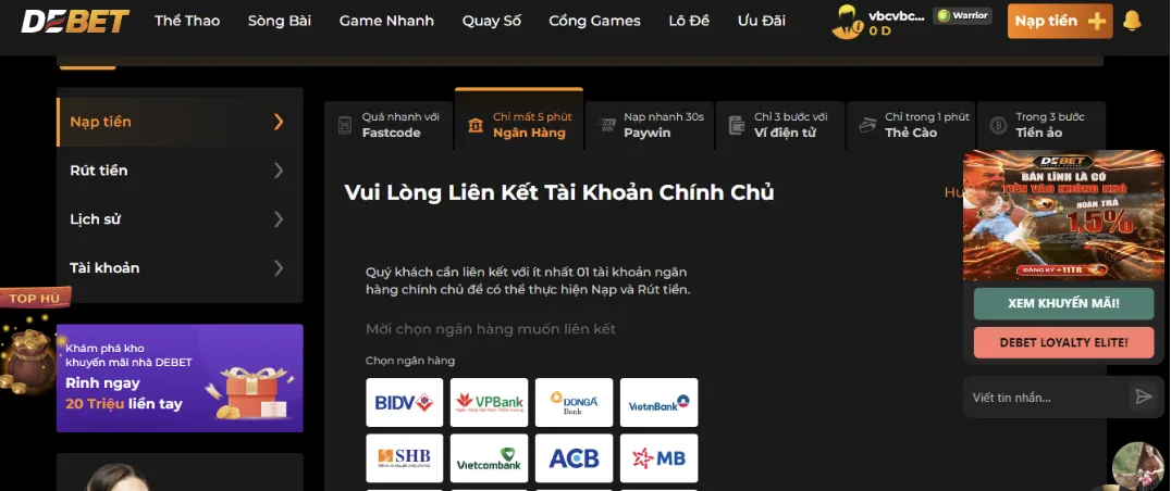 Quy trình nạp tiền tại DEBET