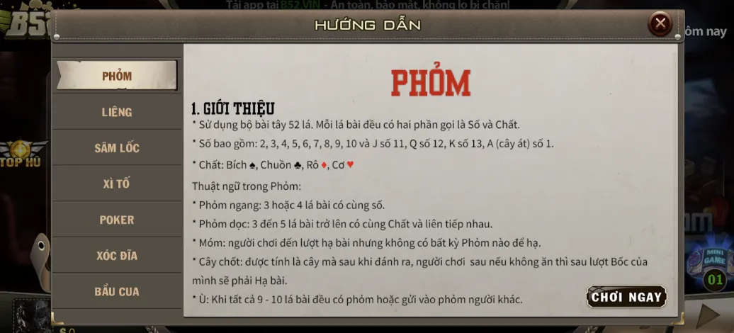 Những thuật ngữ nằm trong game bài Phỏm của hệ thống B52