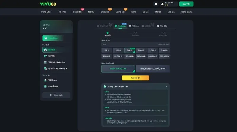 Hướng dẫn nạp/ rút tiền tại Vivu88 nhanh chóng